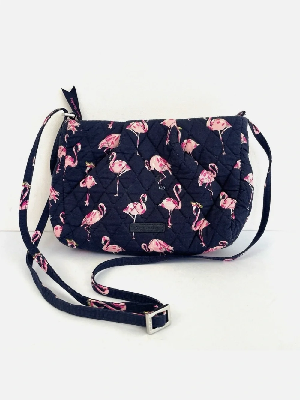 Vera Bradley Flamingo Fiesta Quilted Crossbody in Navy with Pink Flamingo Print